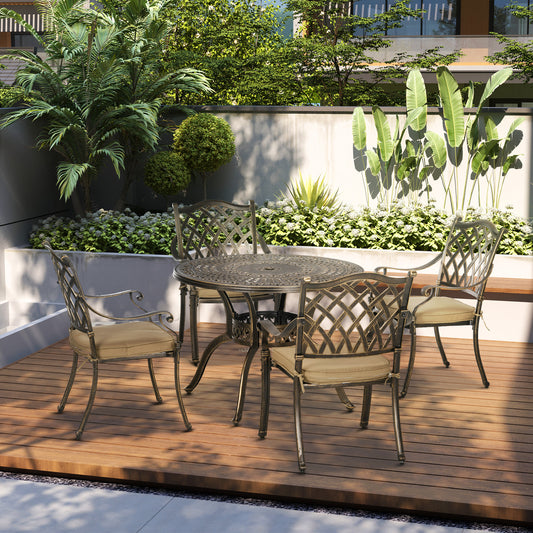Mediterraneo 4 Seater Garden Dining Set Antique Cast Aluminium Garden Furniture Set with Cushions Round Dining