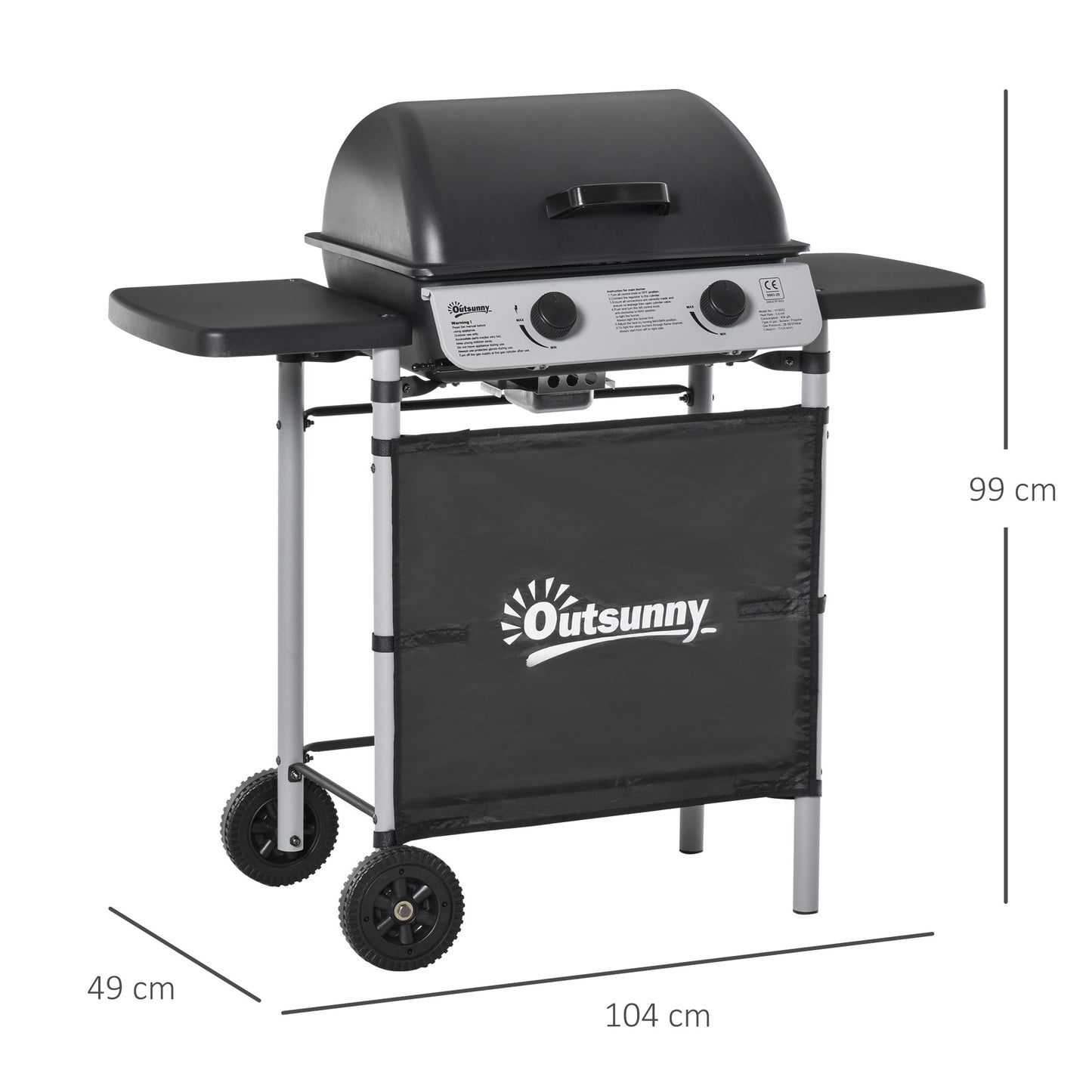 Outsunny 2 Burner Gas BBQ Trolley with Lid, 5.6 kW Gas Barbecue Grill with Wheels, Side Shelves for Home Patio Garden Party Outdoor Cooking, Black