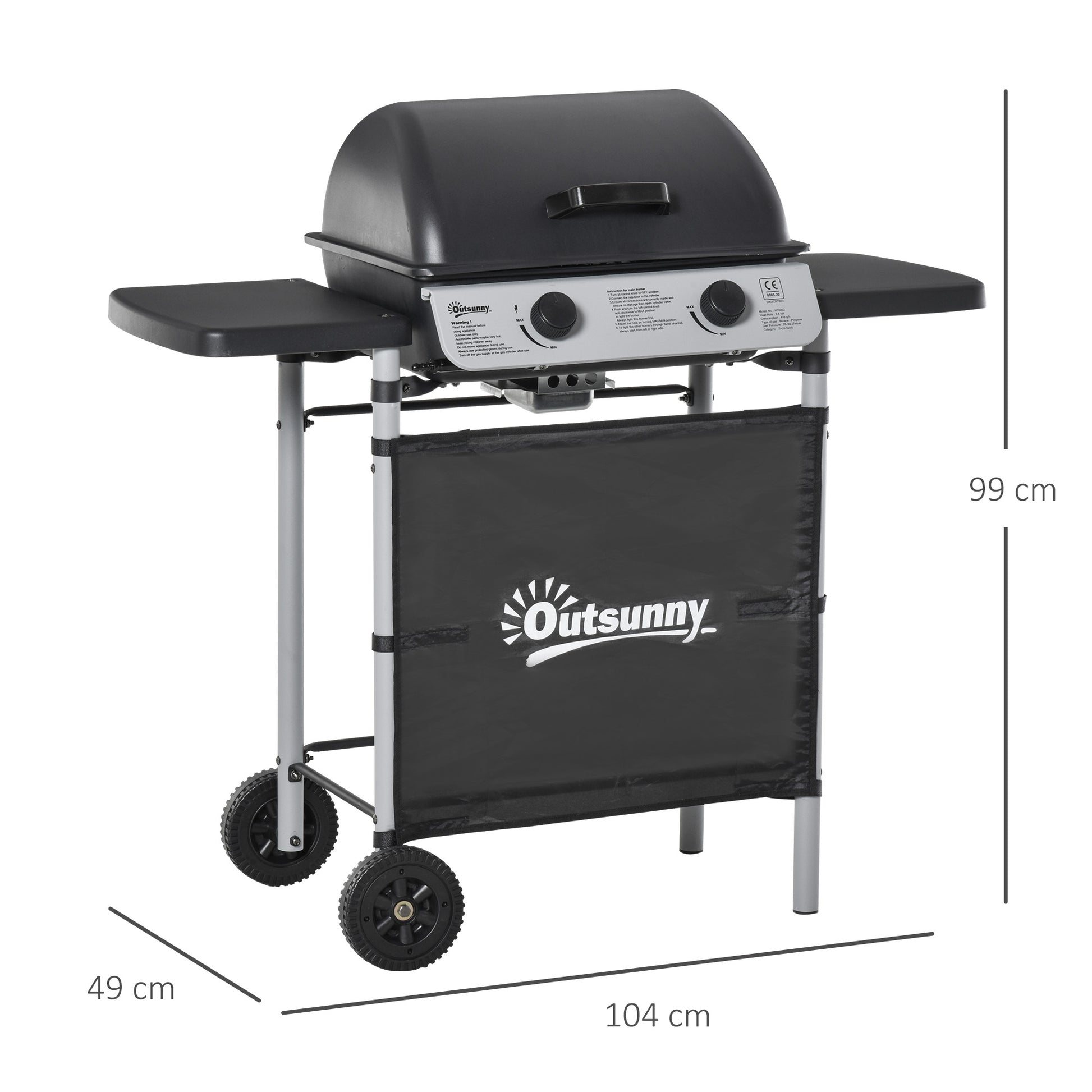 Outsunny 2 Burner Gas BBQ Trolley with Lid, 5.6 kW Gas Barbecue Grill with Wheels, Side Shelves for Home Patio Garden Party Outdoor Cooking, Black