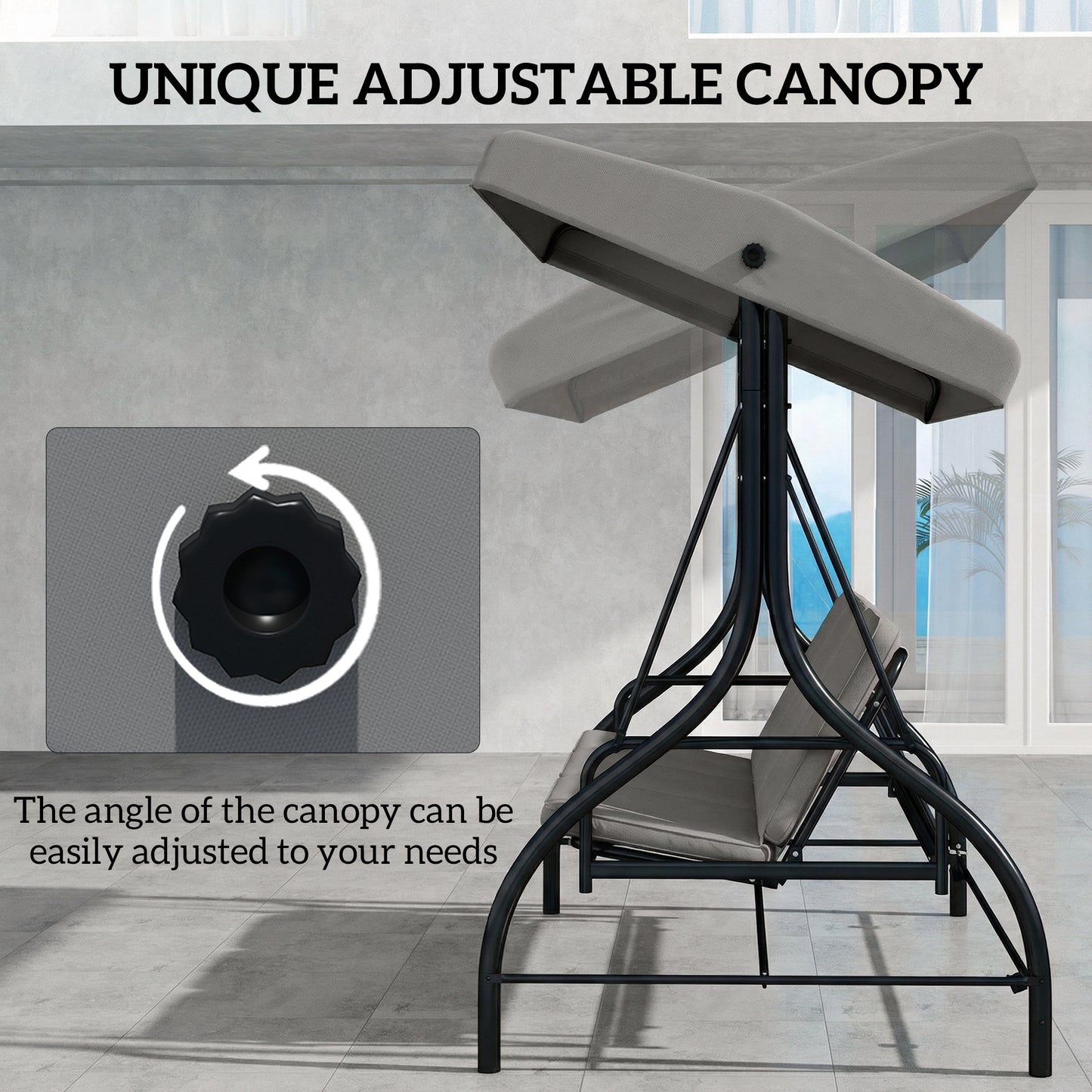Outsunny 3 Seater Canopy Swing Chair, 2 in 1 Garden Swing Seat Bed, with Adjustable Canopy and Metal Frame, Light Grey