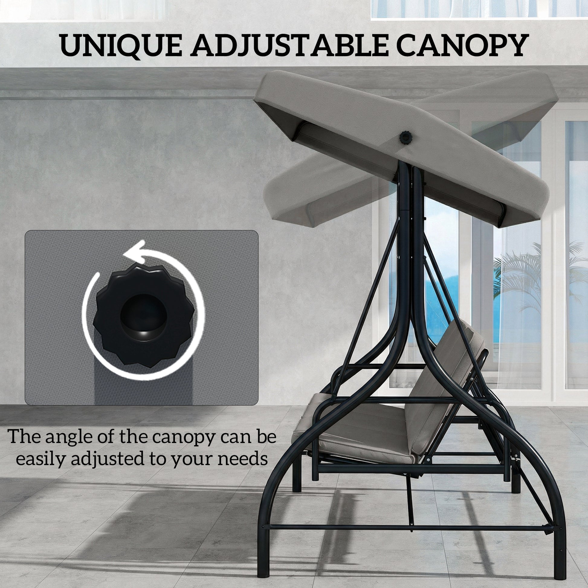Outsunny 3 Seater Canopy Swing Chair, 2 in 1 Garden Swing Seat Bed, with Adjustable Canopy and Metal Frame, Light Grey