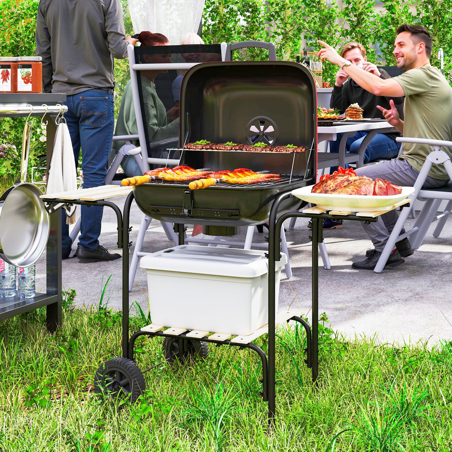 Charcoal BBQ Portable BBQ with 1840 cm² Cooking Area, 3 Shelves, Adjustable Vent, Lockable Lid