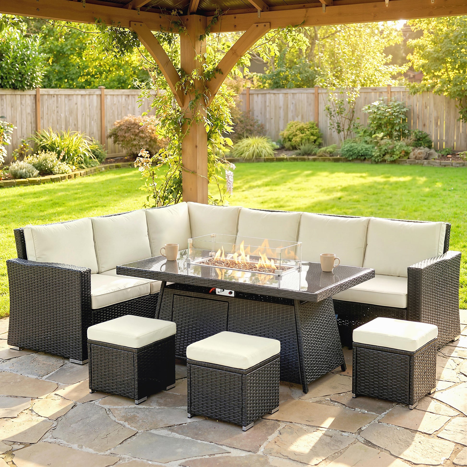 Riviera 7 Piece PE Rattan Garden Furniture Set, 50,000 BTU Gas Fire Pit Table, Black