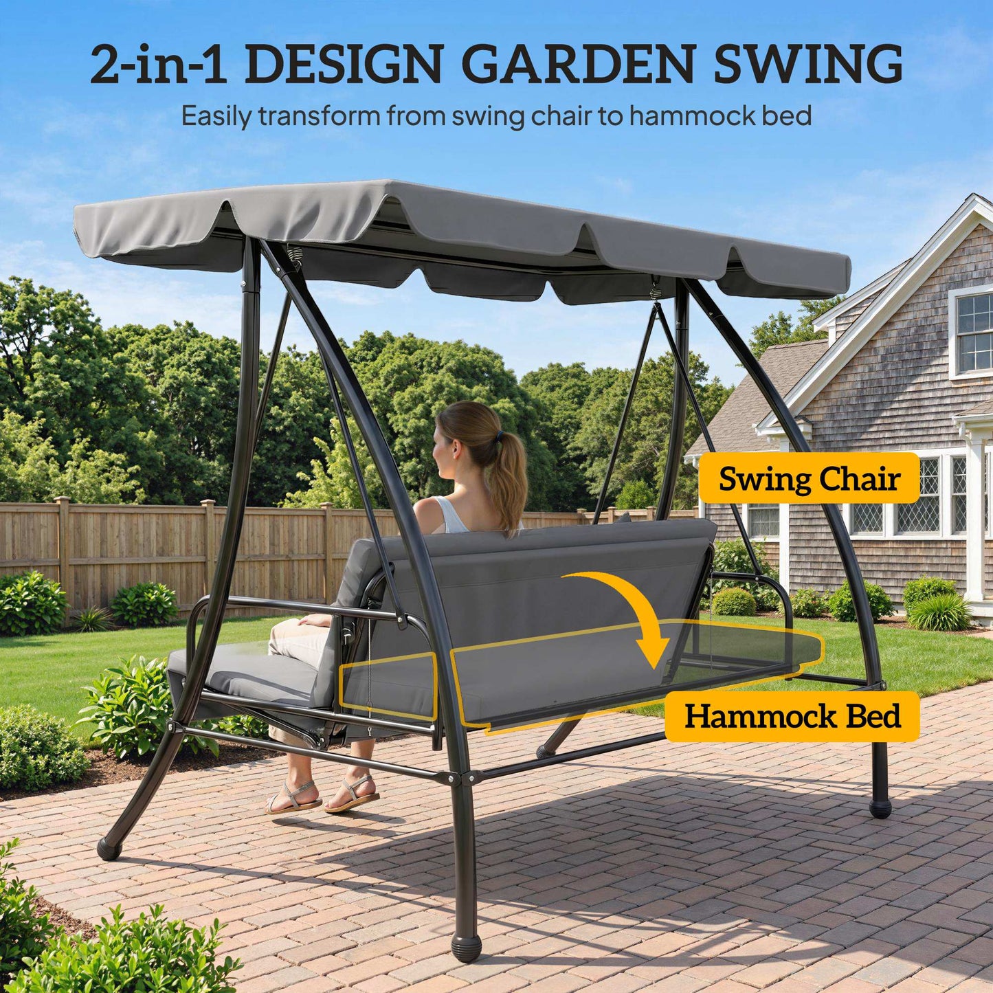 Outsunny Outdoor 2-in-1 Swing Chair Lounger 3 Seater Garden Swing Seat Bed Convertible Tilt Canopy W/ Cushion, Light Grey