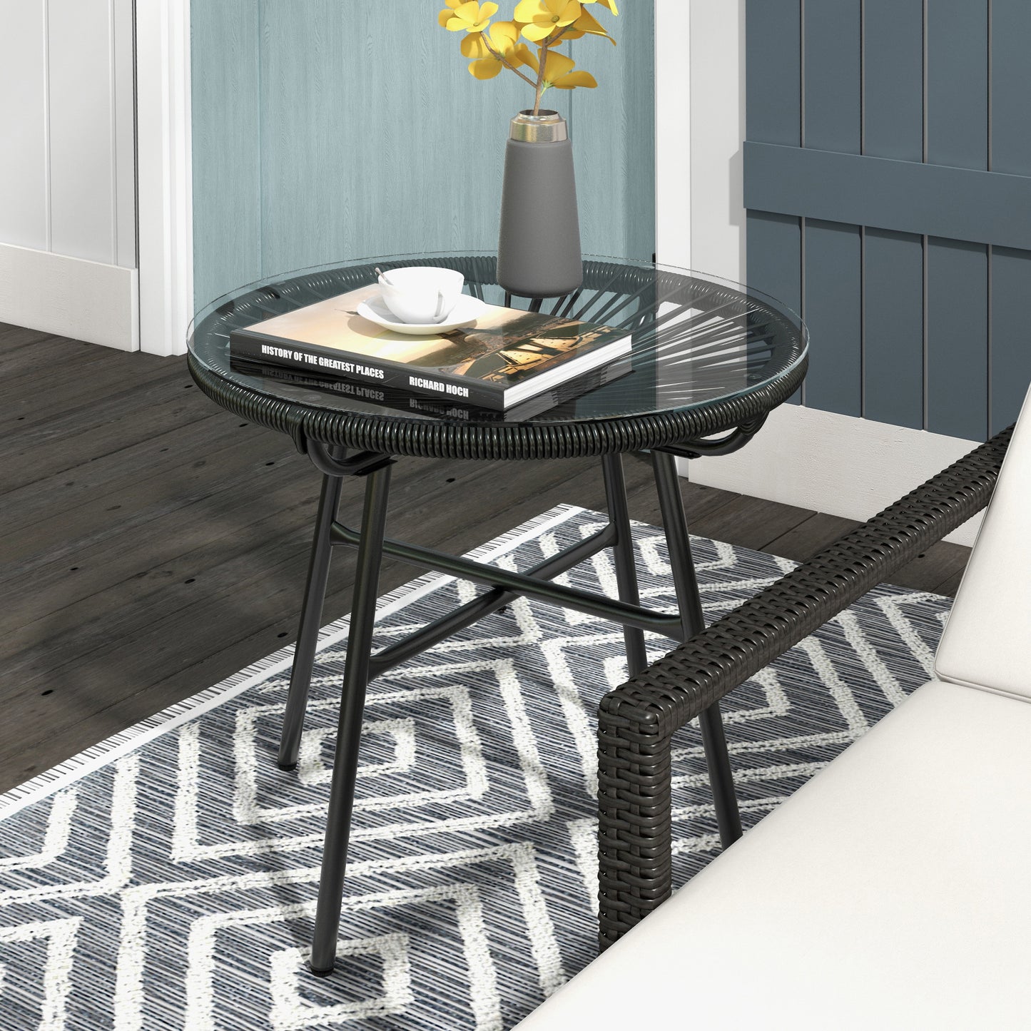 Rattan Side Table, Round Outdoor Coffee Table, with Round PE Rattan and Tempered Glass Tabletop for Patio, Garden, Balcony, Black