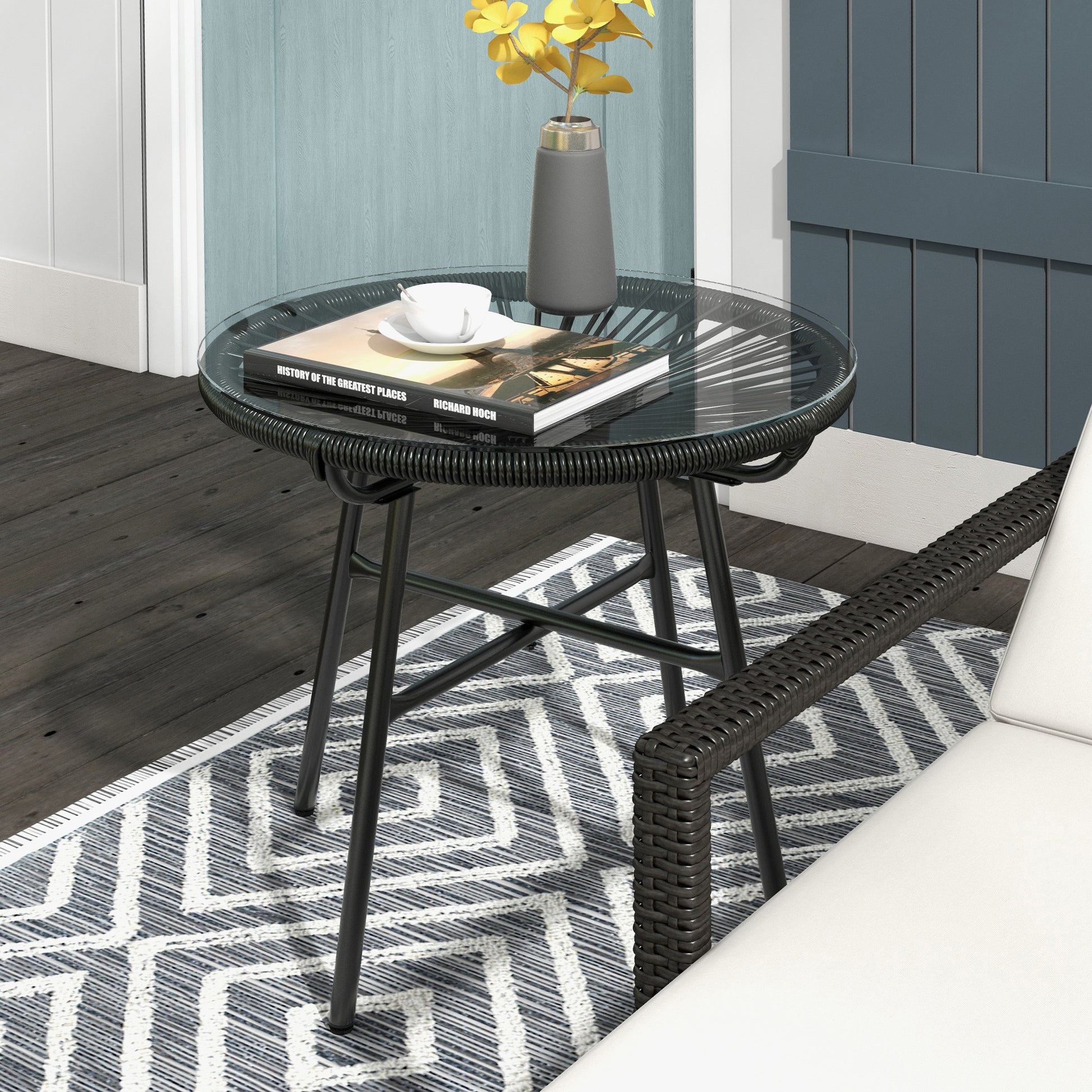 Rattan Side Table, Round Outdoor Coffee Table, with Round PE Rattan and Tempered Glass Tabletop for Patio, Garden, Balcony, Black