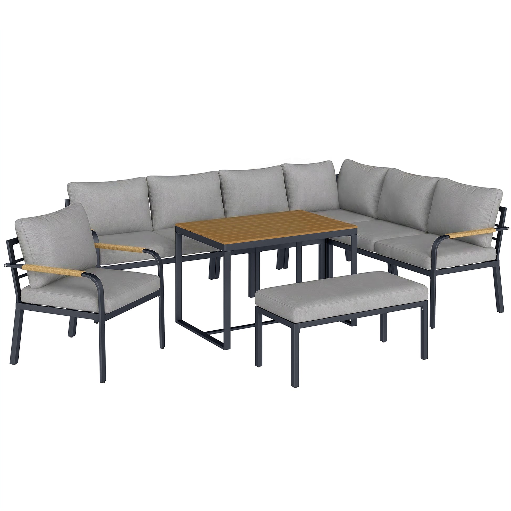Outsunny 7 Seater Garden Furniture Set, Metal Garden Sofa Set with Cushions, Outdoor Furniture Conversation Sets, Light Grey