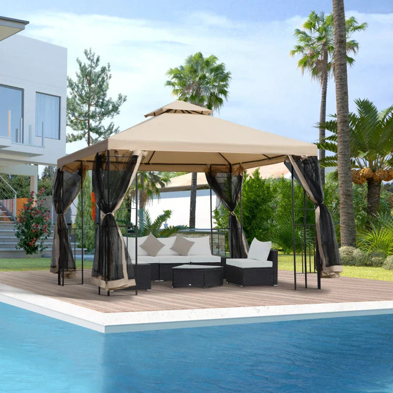Beige 3m x 3m Hardtop Gazebo – Double Tier Roof Garden Shelter with Net Curtains and Storage Trays