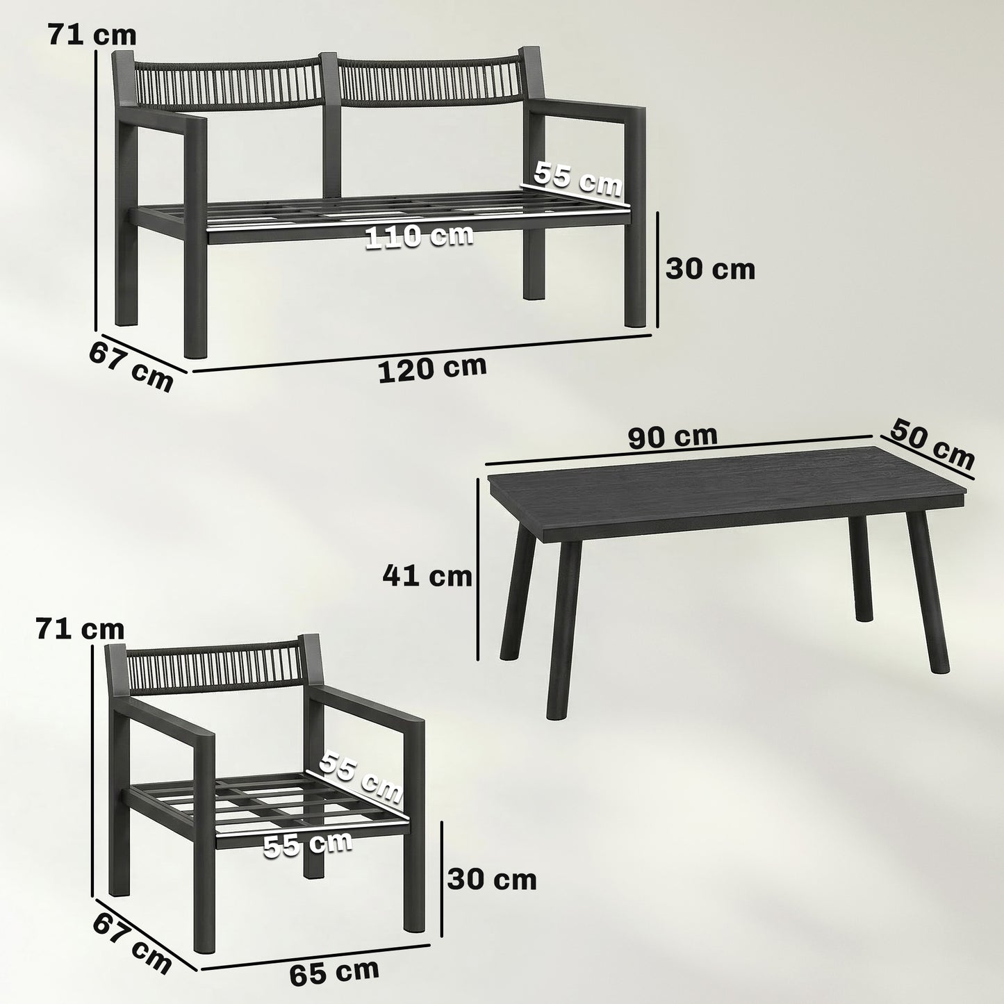 Outsunny 4 Seater Rattan Garden Furniture Set with 2 Armchairs, Loveseat, Coffee Table, Dark Grey