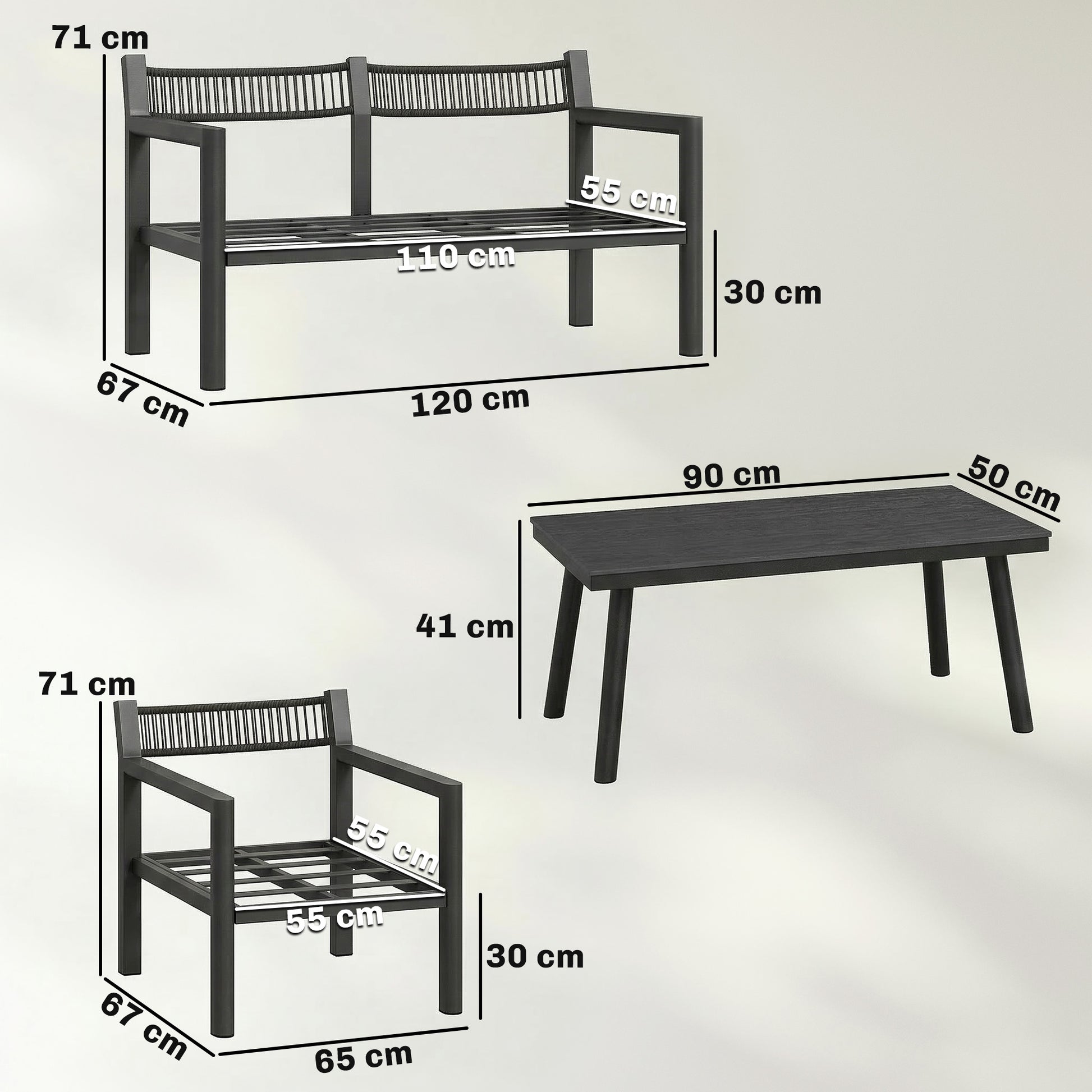 Outsunny 4 Seater Rattan Garden Furniture Set with 2 Armchairs, Loveseat, Coffee Table, Dark Grey
