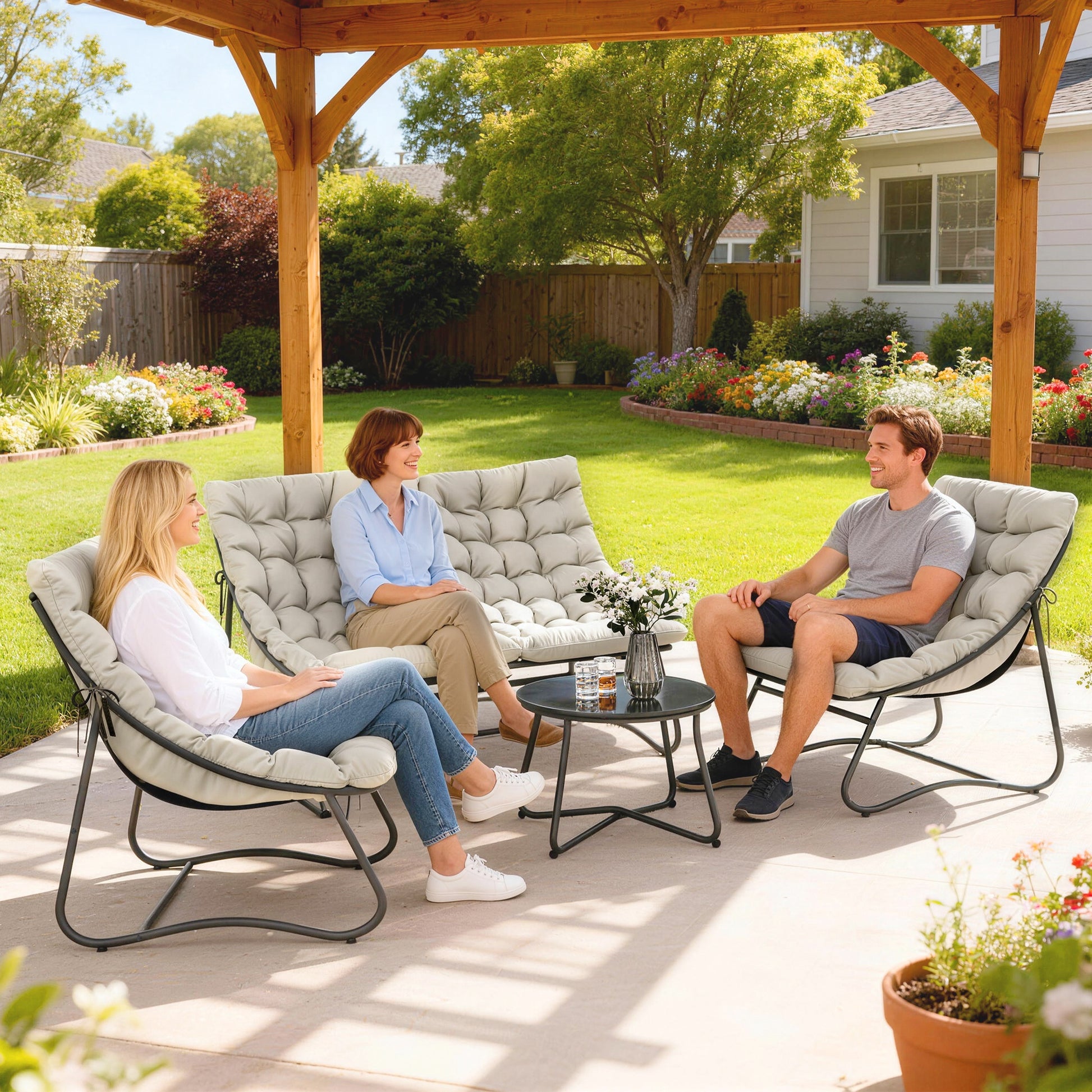 Monaco 4 Seater Garden Furniture Set, Conversation Set with Loveseat Sofa, Chairs, Glass Coffee Table