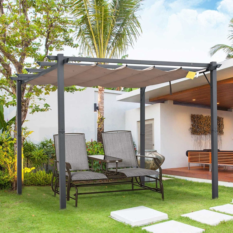 3m x 3m Aluminium Pergola – Brown Retractable Canopy Roof with Pulley System, UV & Water Resistant Garden Shade Shelter with Drainage Grommets