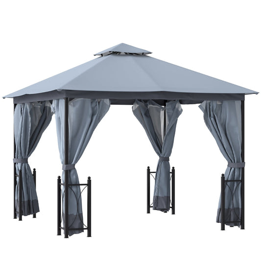 4m x 3.35m Grey Garden Gazebo with Ventilated Double-Tier Canopy & Privacy Side Panels