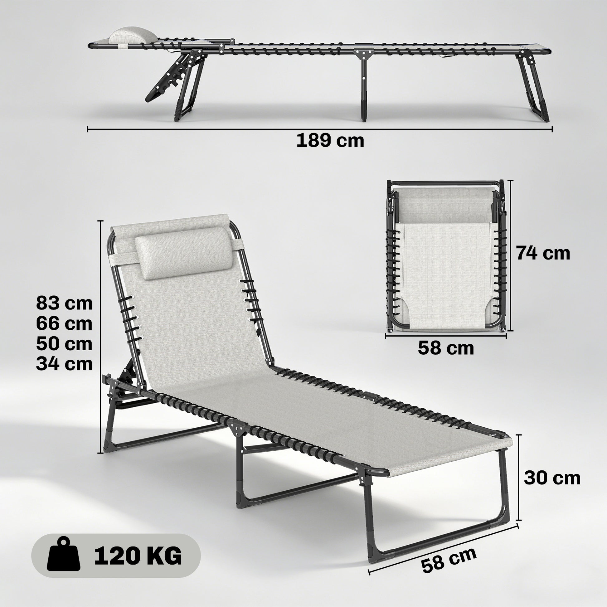 Outsunny Foldable Sun Lounger, Outdoor 4 Level Adjustable Backrest Reclining Chaise Chair, Steel Frame Recliner Chair for Camping, Hiking, Cream White