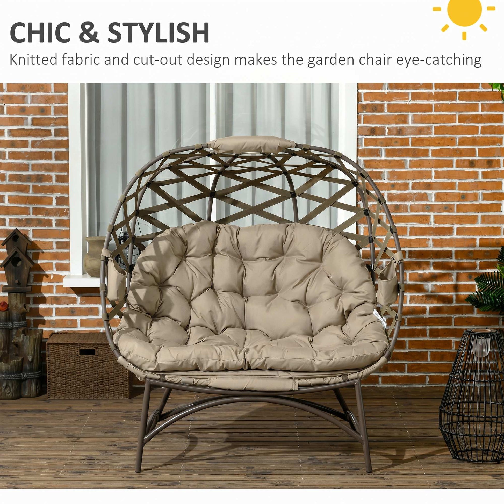 Outsunny 2 Seater Egg Chair Outdoor, Folding Weave Garden Furniture Chair with Cushion, Cup Pockets - Khaki