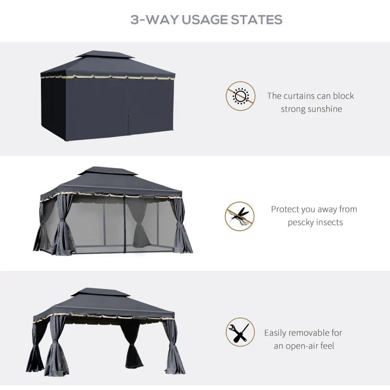 Black 3m x 4m Aluminium Gazebo – Outdoor Garden Pavilion with Double Tier Roof, Curtains and Insect Netting