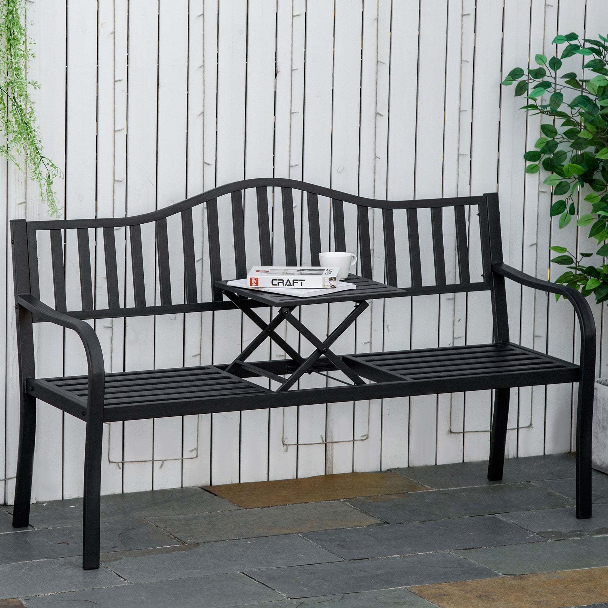 Ibiza Metal Garden Bench with Liftable Middle Table, Patio Loveseat, Garden Bench for Garden, Porch