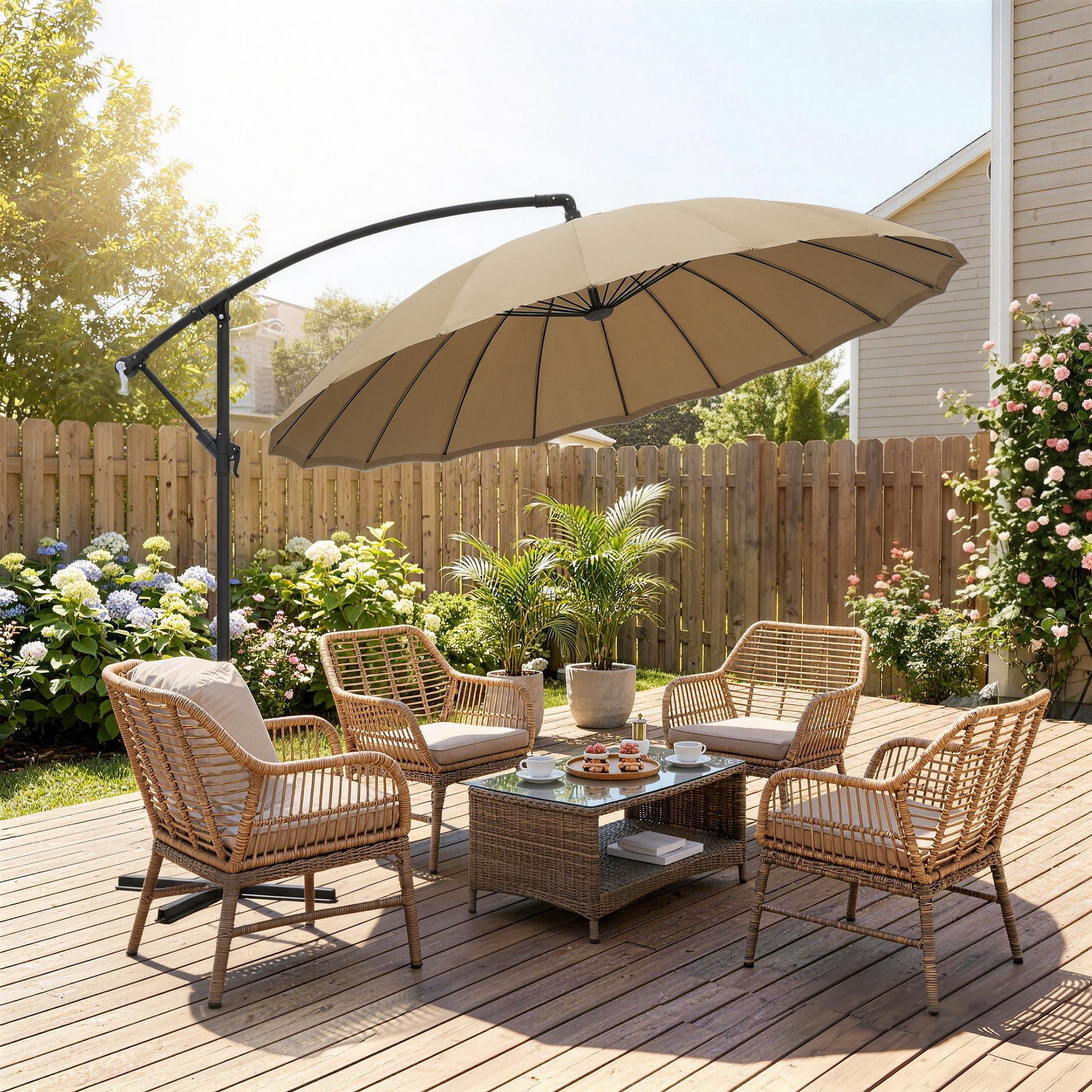Outsunny 3(m) Cantilever Umbrella 18 Ribs & Vents Adjustable Angle for Patio Khaki