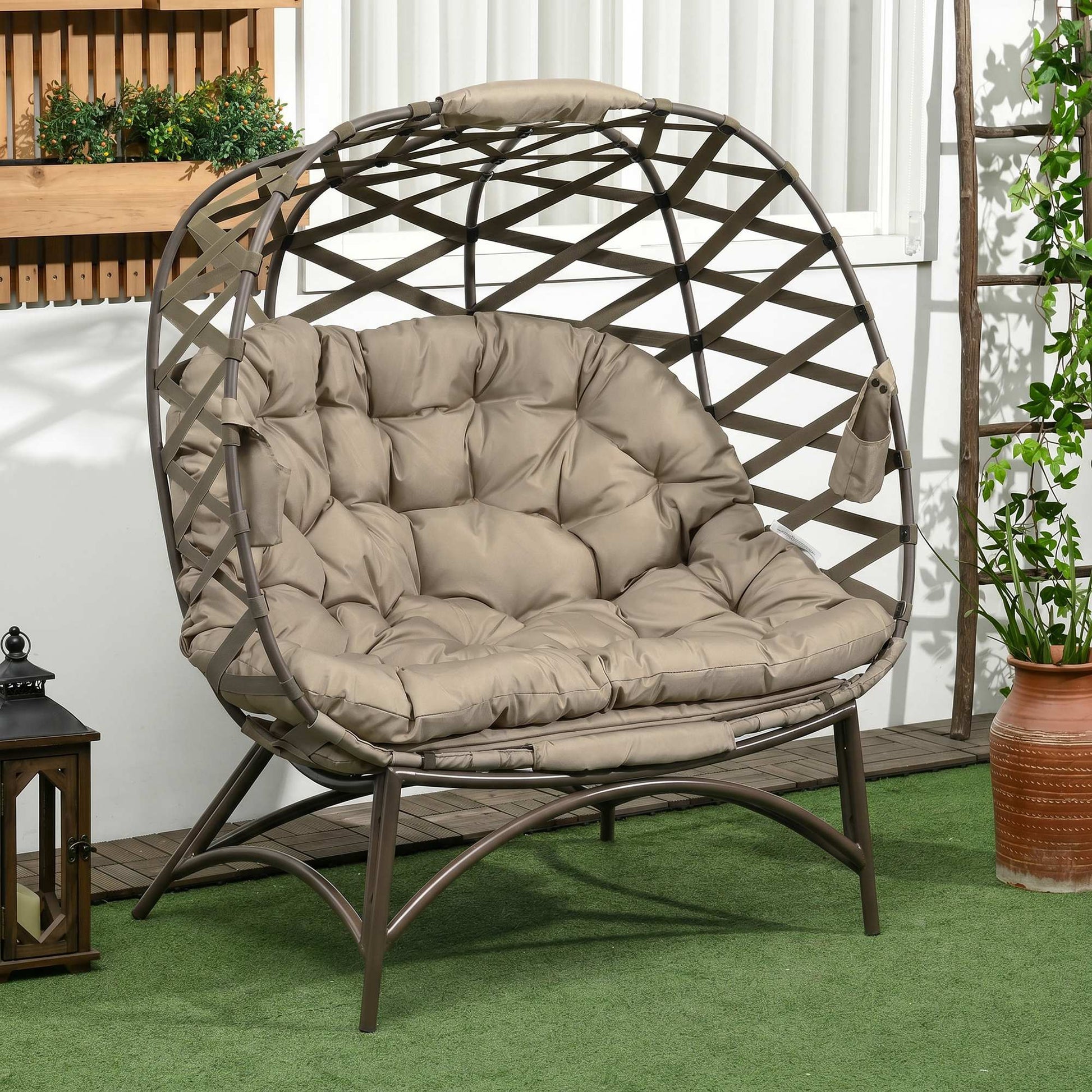 Monaco 2 Seater Egg Chair Outdoor, Folding Weave Garden Furniture Chair with Cushion, Cup Pockets - Khaki
