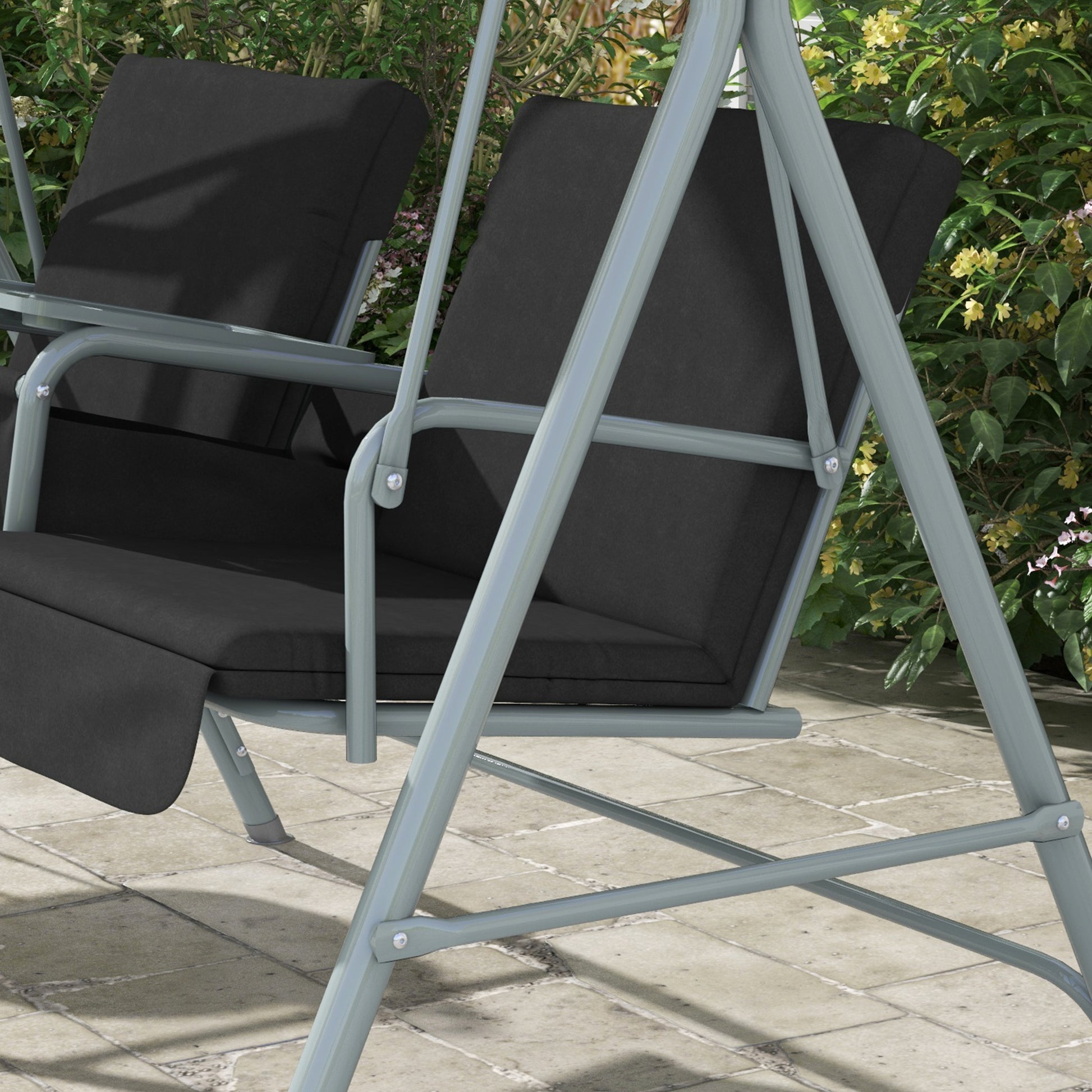 Outsunny 2 Seater Garden Swing Chair, Patio Swing Seat w/ Tilting Canopy, Double Padded Seats, Storage Bag and Tray For Garden Balcony Terrace Patio, Black