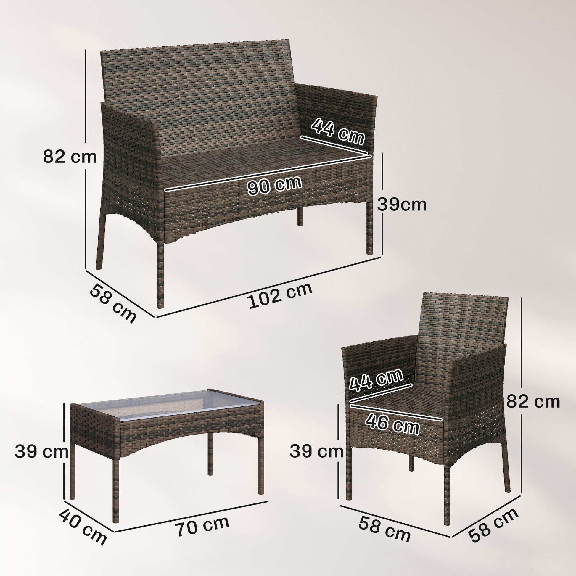 Outsunny 4 Piece Rattan Garden Furniture Sofa Set with Loveseat, Armchairs, Glass-Top Coffee Table and Cushions, Brown