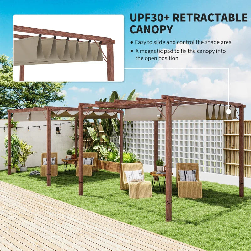 3m x 3m Retractable Roof Pergola – Natural Wood Effect Finish, Outdoor Garden Shade Canopy Shelter
