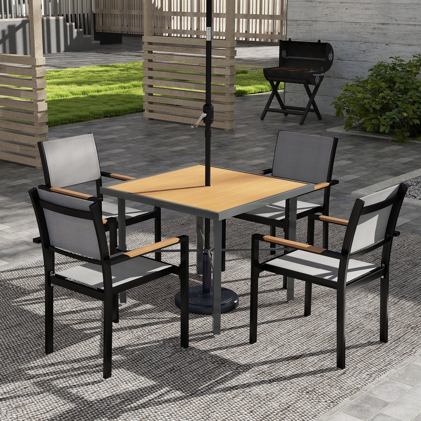 Verona Garden Table for 4, 90 cm Rectangular Garden Dining Table with 4.2 cm Umbrella Hole, Wood Effect Top