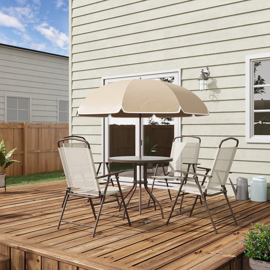Garden Patio Texteline Folding Chairs Plus Table and Parasol Furniture Bistro Set 6 Pieces - Coffee/Cream