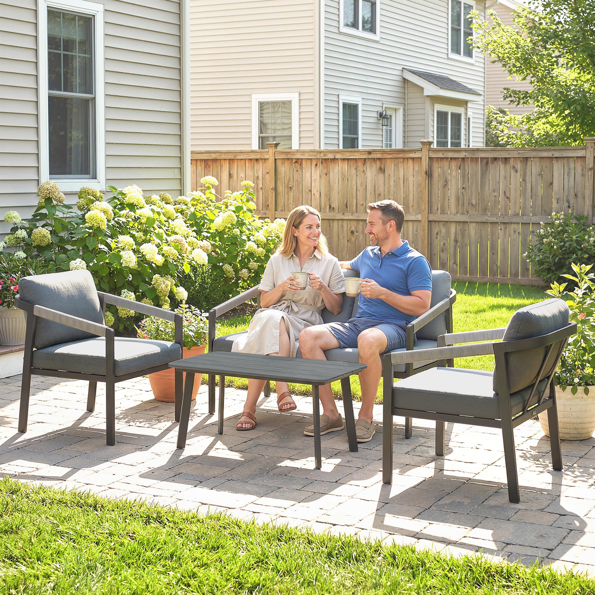 Outsunny Aluminium Garden Furniture Set, 4 Seater Outdoor Patio Furniture with Loveseat, 2 Armchairs, Slatted Table