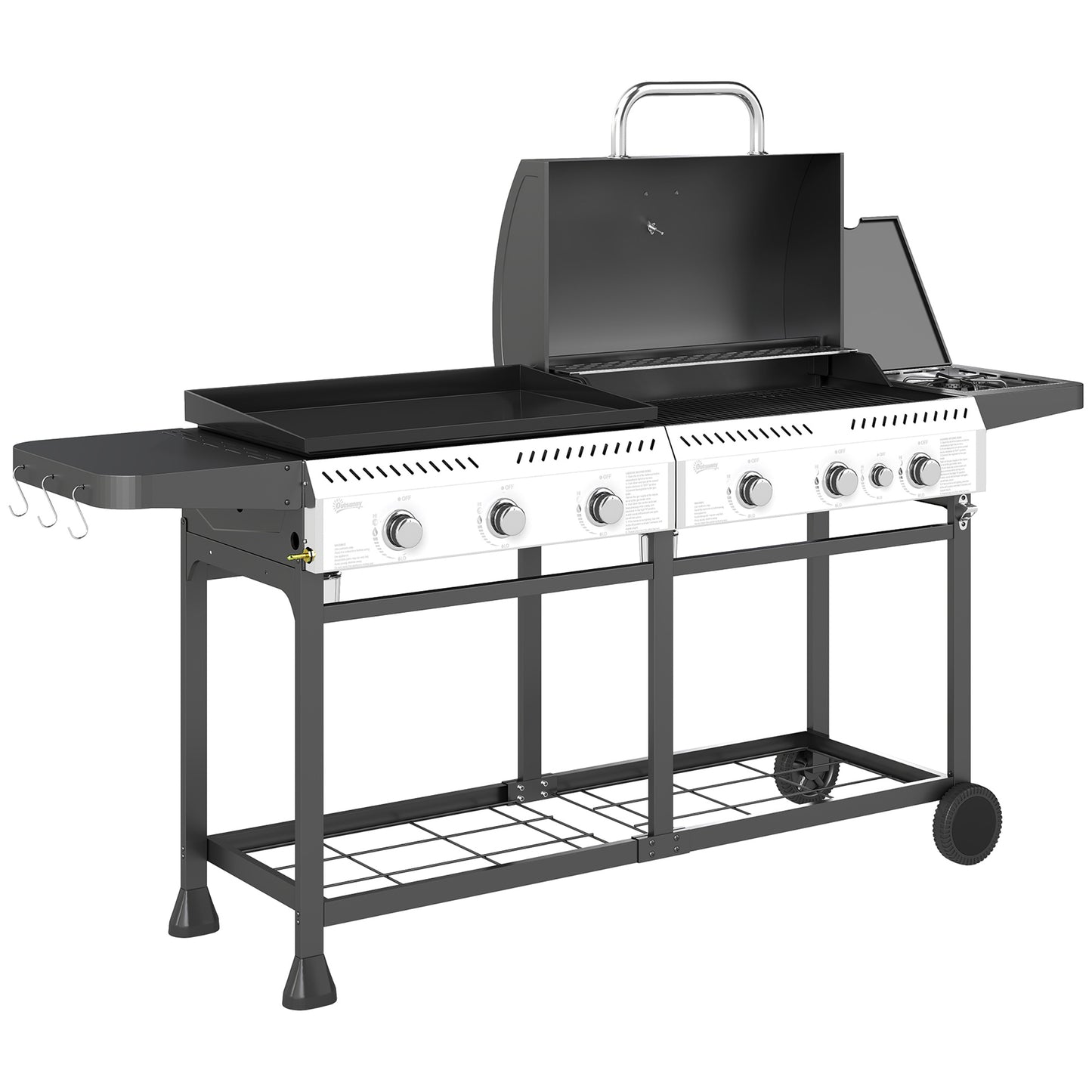 Outsunny 17kW Deluxe Duo Gas BBQ, with Grill, Plancha and Side Burner - Black