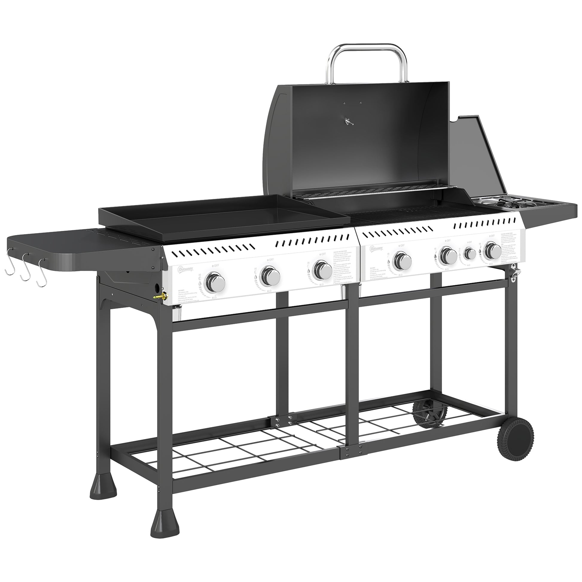 Outsunny 17kW Deluxe Duo Gas BBQ, with Grill, Plancha and Side Burner - Black