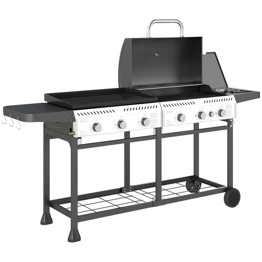 Outsunny 17kW Deluxe Duo Gas BBQ, with Grill, Plancha and Side Burner - Black