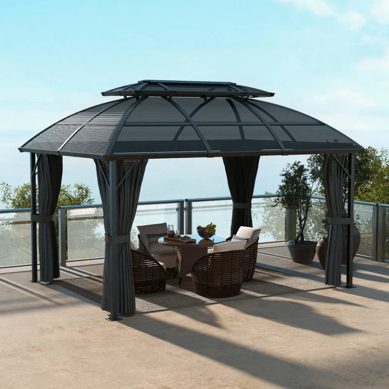 4m x 3m Aluminium Hardtop Gazebo with Polycarbonate Roof, Privacy Curtains & Mesh Sidewalls – Black & Grey