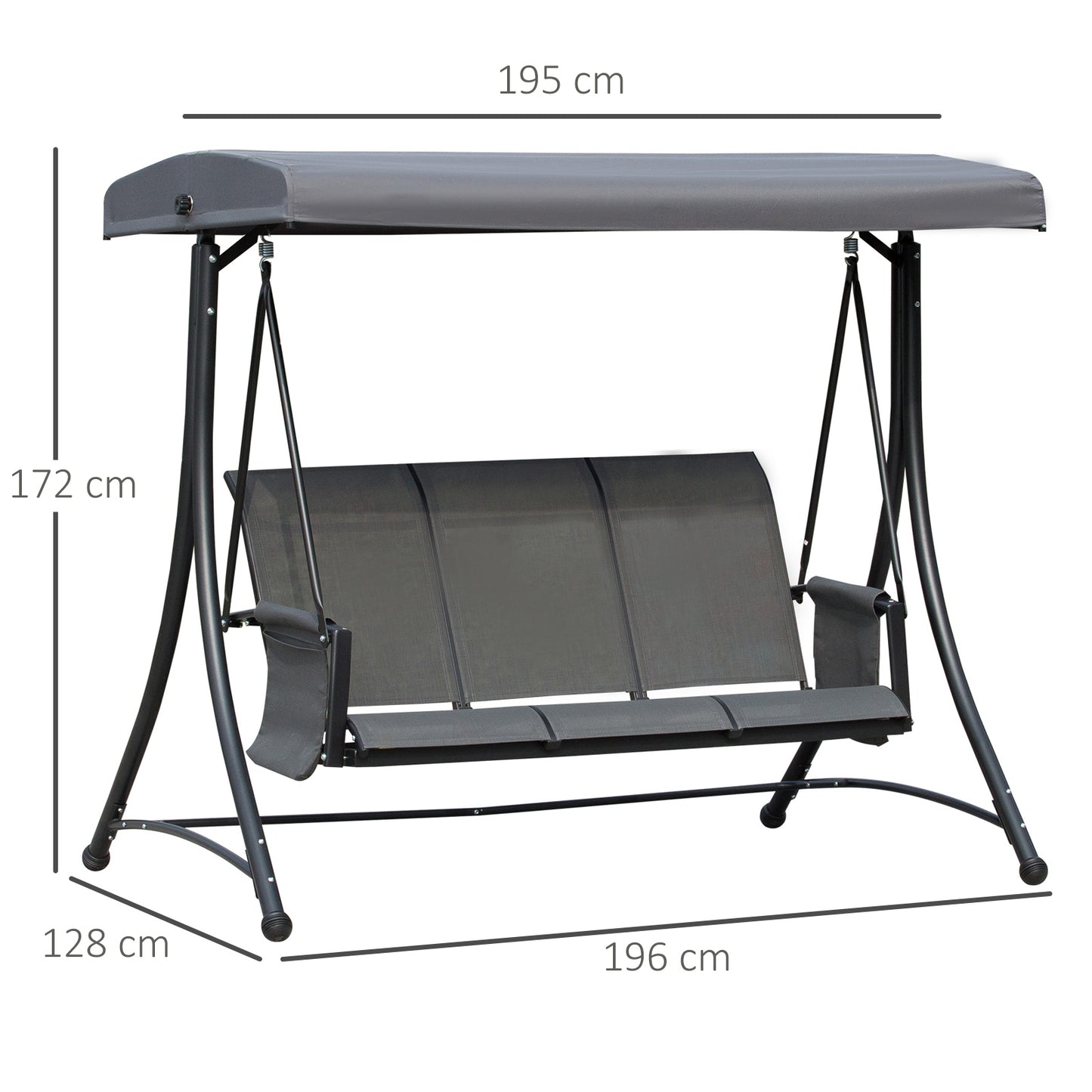 Outsunny 3 Person Outdoor Patio Porch Swing Chair with High Back Design and Side Pouches, Charcoal Grey