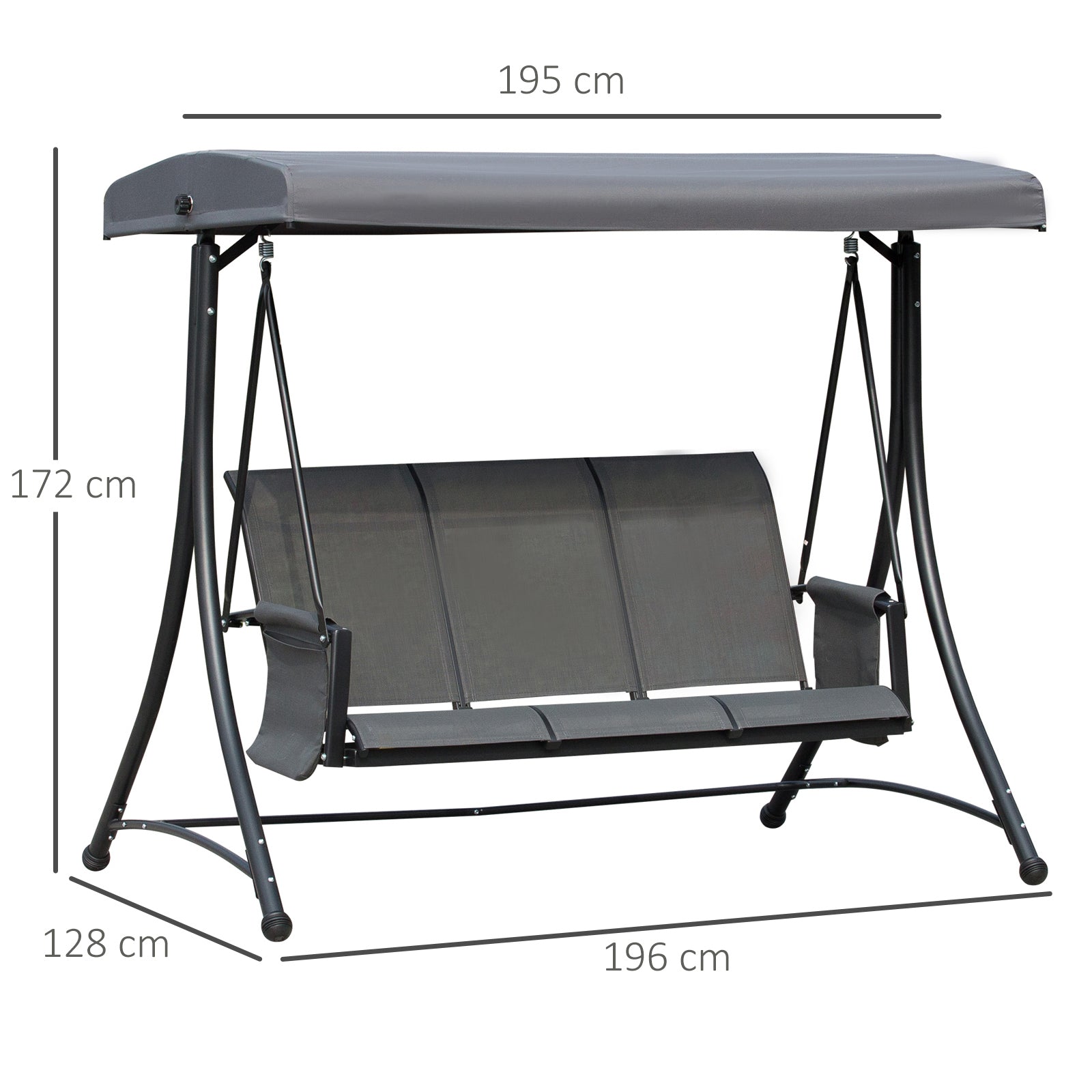 Outsunny 3 Person Outdoor Patio Porch Swing Chair with High Back Design and Side Pouches, Charcoal Grey