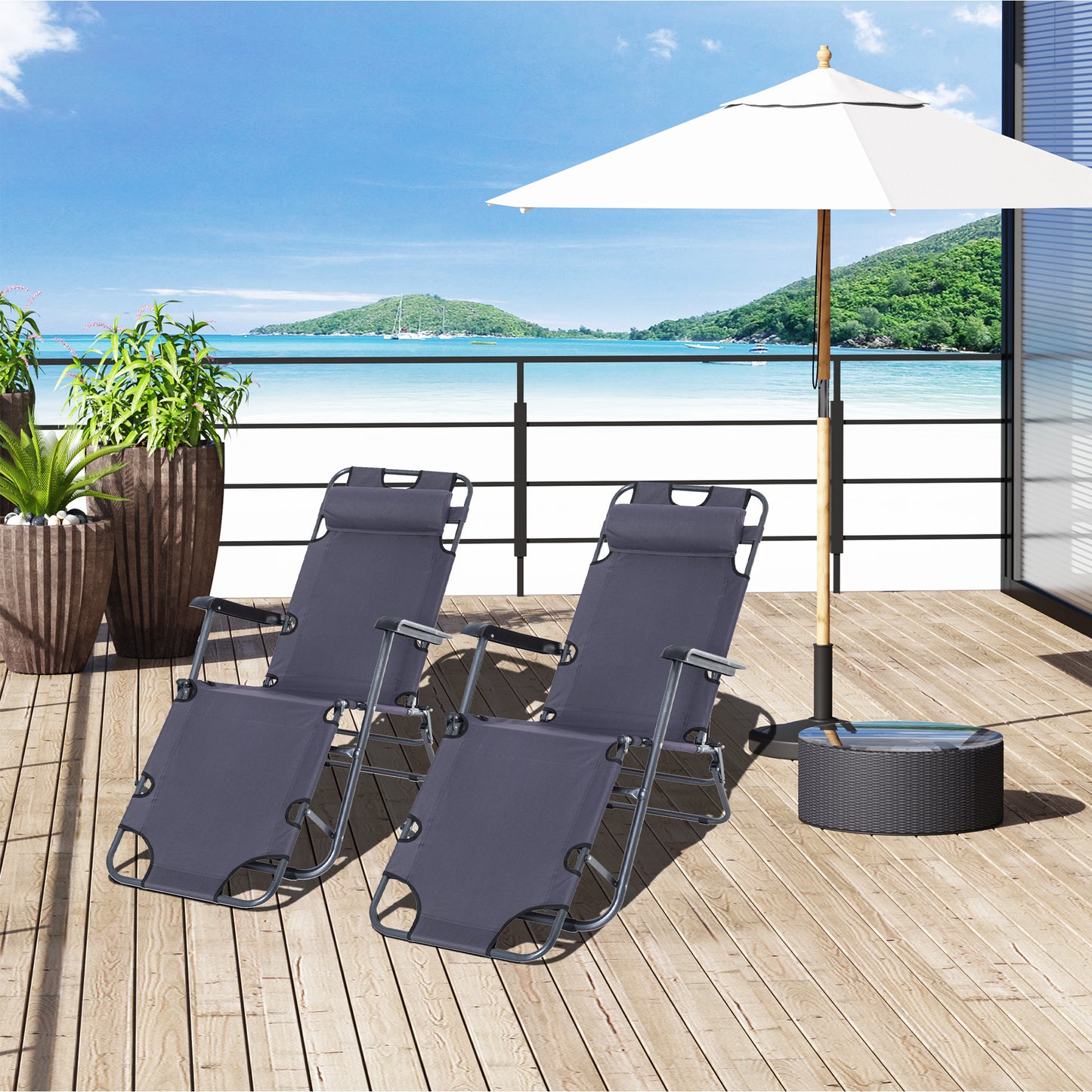 2 in 1 Folding Sun Lounger Reclining Garden Chair Set of 2 with 2-Level Adjustable Backrest, Outdoor Zero Gravity Recliner Garden Chairs with