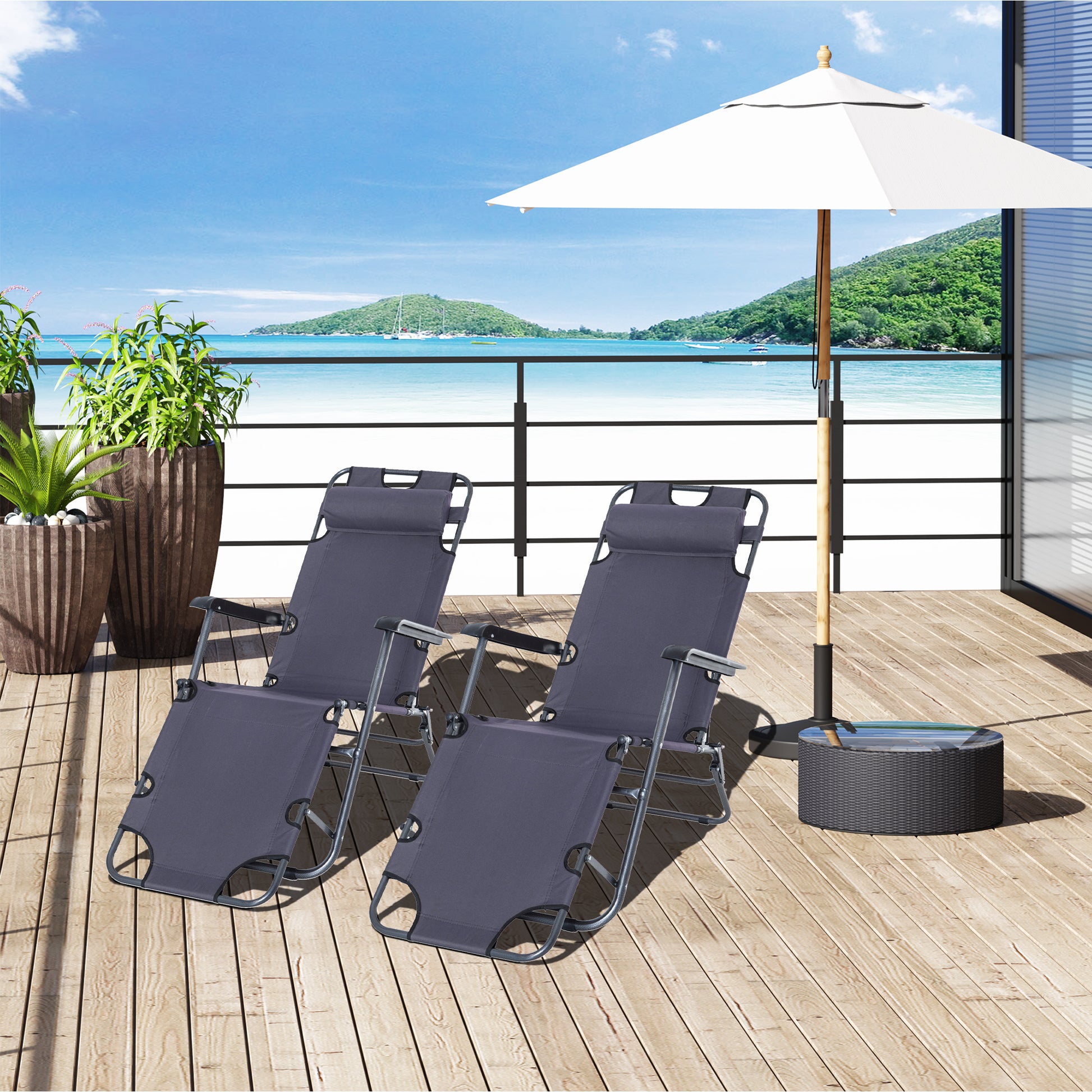 2 in 1 Folding Sun Lounger Reclining Garden Chair Set of 2 with 2-Level Adjustable Backrest, Outdoor Zero Gravity Recliner Garden Chairs with