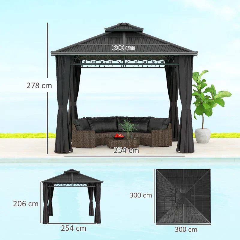 3m x 3m Dark Grey Hardtop Garden Gazebo with Polycarbonate Double Roof, Steel Frame, Privacy Curtains & Insect Netting Outdoor Pavilion