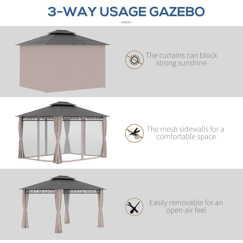 3.6m x 3m Hardtop Garden Gazebo with Twin-Tier Polycarbonate Roof, Privacy Curtains & Insect Mesh Panels