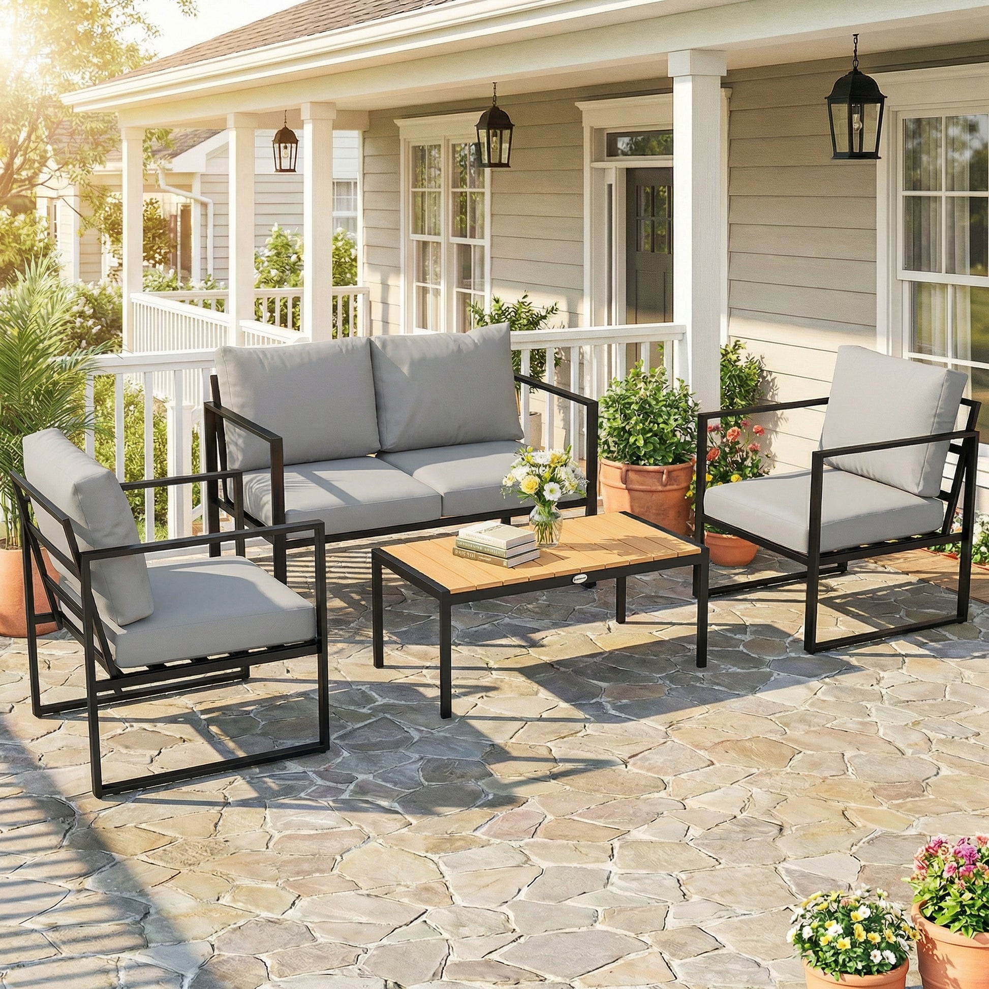 Portofino Garden Furniture Set, 4 Piece Garden Furniture with Slatted Table, Balcony Patio Conservatory Set