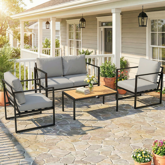 Portofino Garden Furniture Set, 4 Piece Garden Furniture with Slatted Table, Balcony Patio Conservatory Set