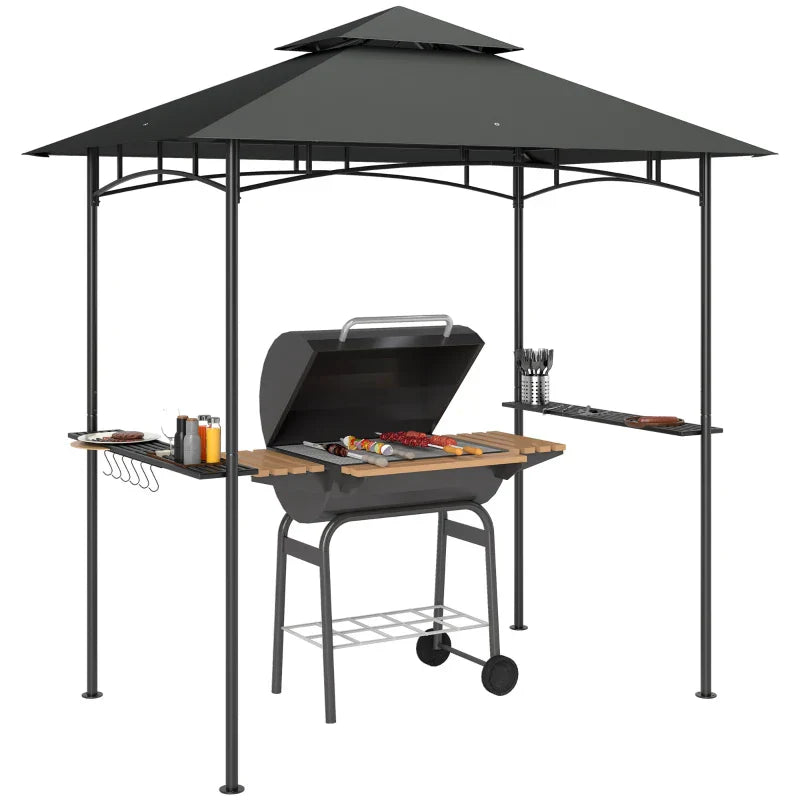 8ft x 5ft Dark Grey BBQ Gazebo Shelter with Double Vent Roof, LED Lighting, Side Shelves & Outdoor Grill Canopy