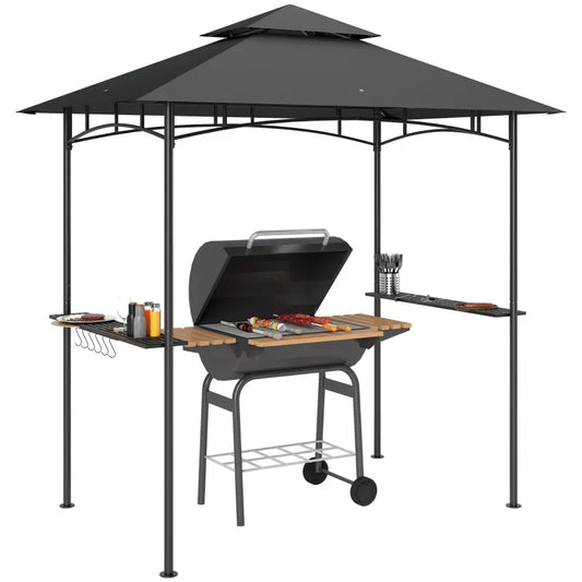 8ft x 5ft Dark Grey BBQ Gazebo Shelter with Double Vent Roof, LED Lighting, Side Shelves & Outdoor Grill Canopy