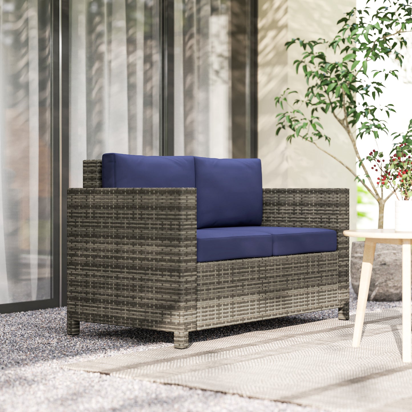 Santorini Rattan Sofa, 2 Seater Garden Furniture with Soft Padded Cushion and Armrests