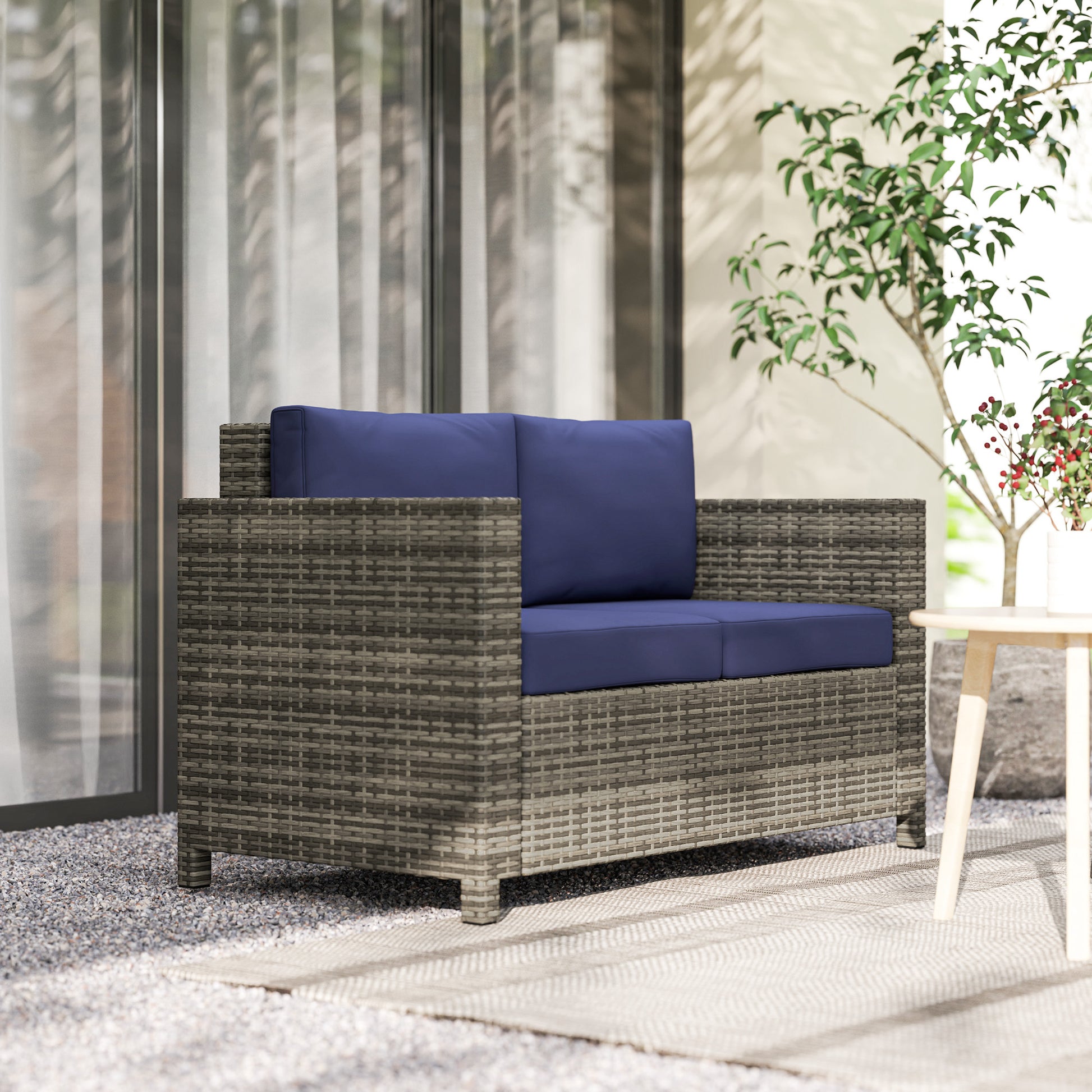 Santorini Rattan Sofa, 2 Seater Garden Furniture with Soft Padded Cushion and Armrests
