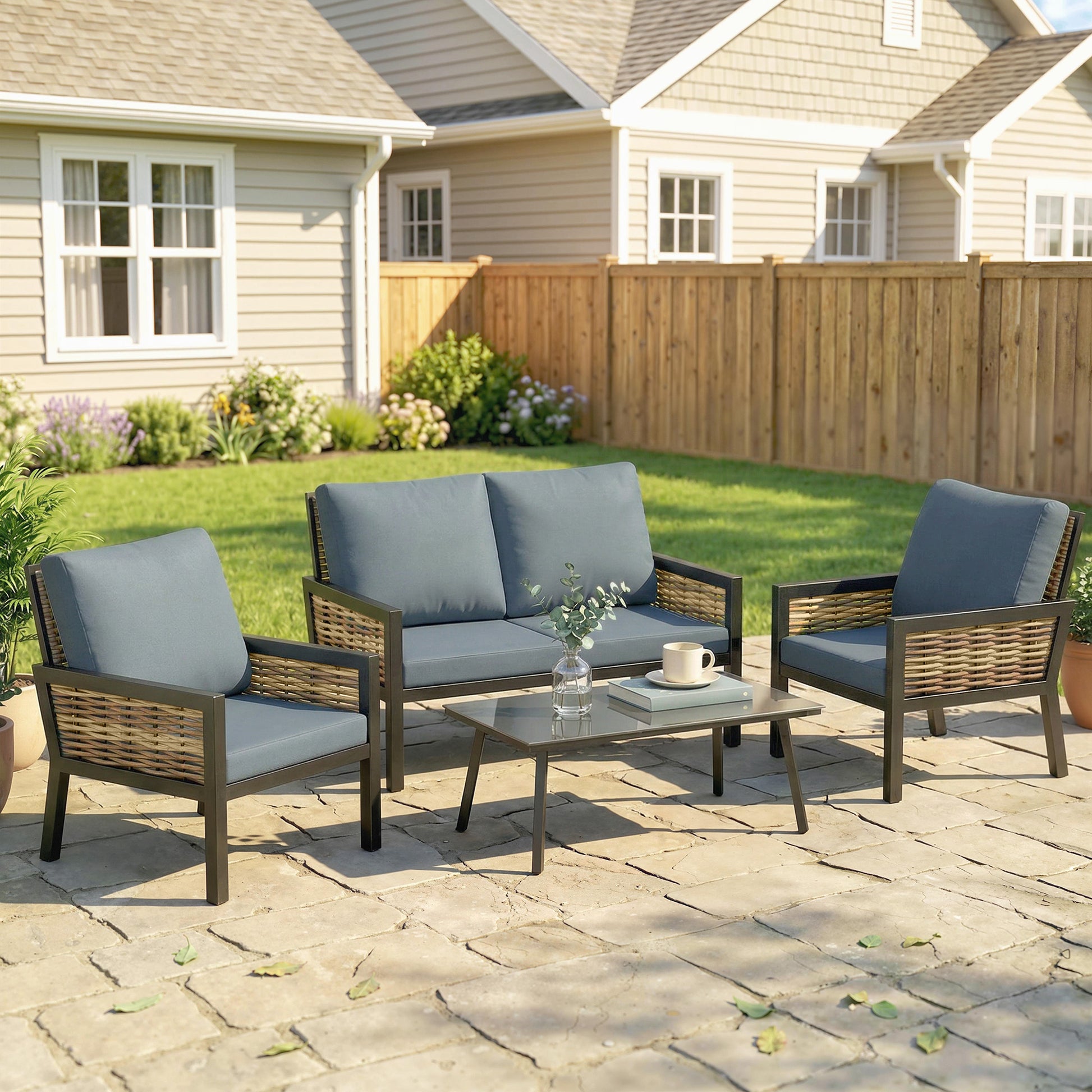 Monaco 4 Seater Rattan Garden Furniture Set with 2 Armchairs, Loveseat, Coffee Table