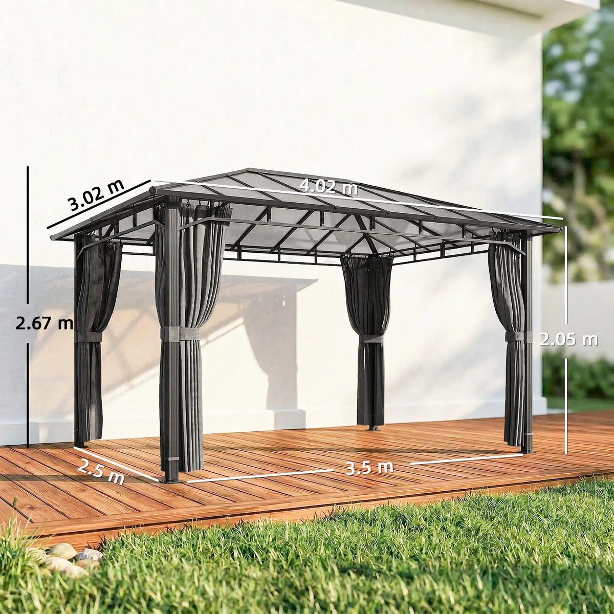3m x 4m Hardtop Gazebo with 6mm Polycarbonate Roof, Aluminium Permanent Garden Pavilion with Curtains, Dark Grey Outdoor Patio Canopy for Sun, Rain...