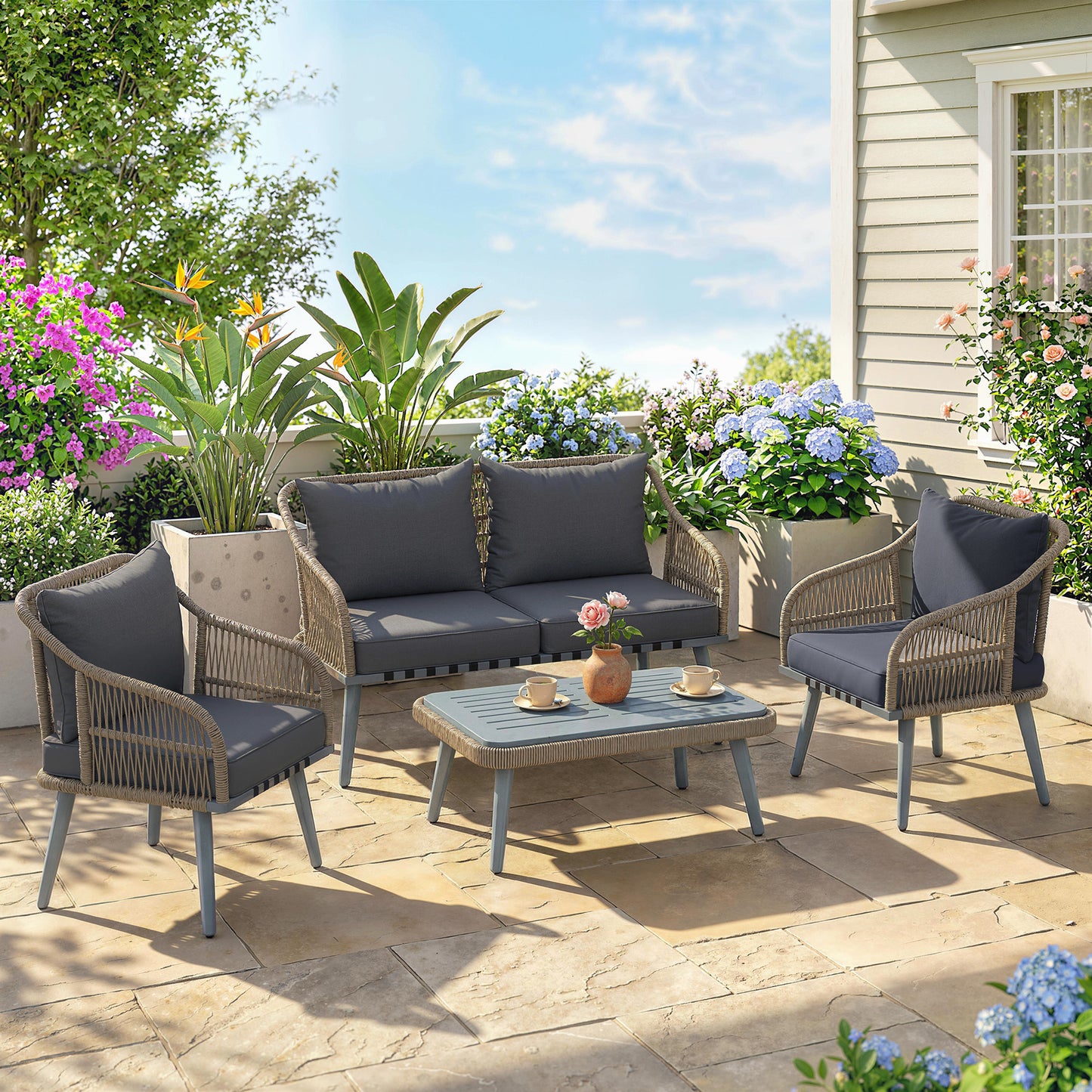 Sorrento 4 Piece Rattan Garden Furniture Set with Loveseat, Wicker Patio Conversation Set, Grey