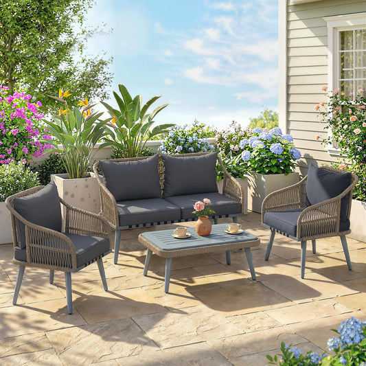 Sorrento 4 Piece Rattan Garden Furniture Set with Loveseat, Wicker Patio Conversation Set, Grey