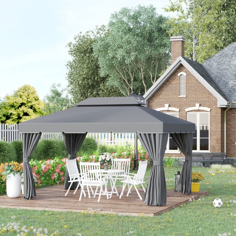 3.9m x 2.9m Dark Grey Aluminium Garden Pavilion – Double Roof Gazebo Canopy with Privacy Curtains, Insect Mesh Netting & Party Shelter Tent